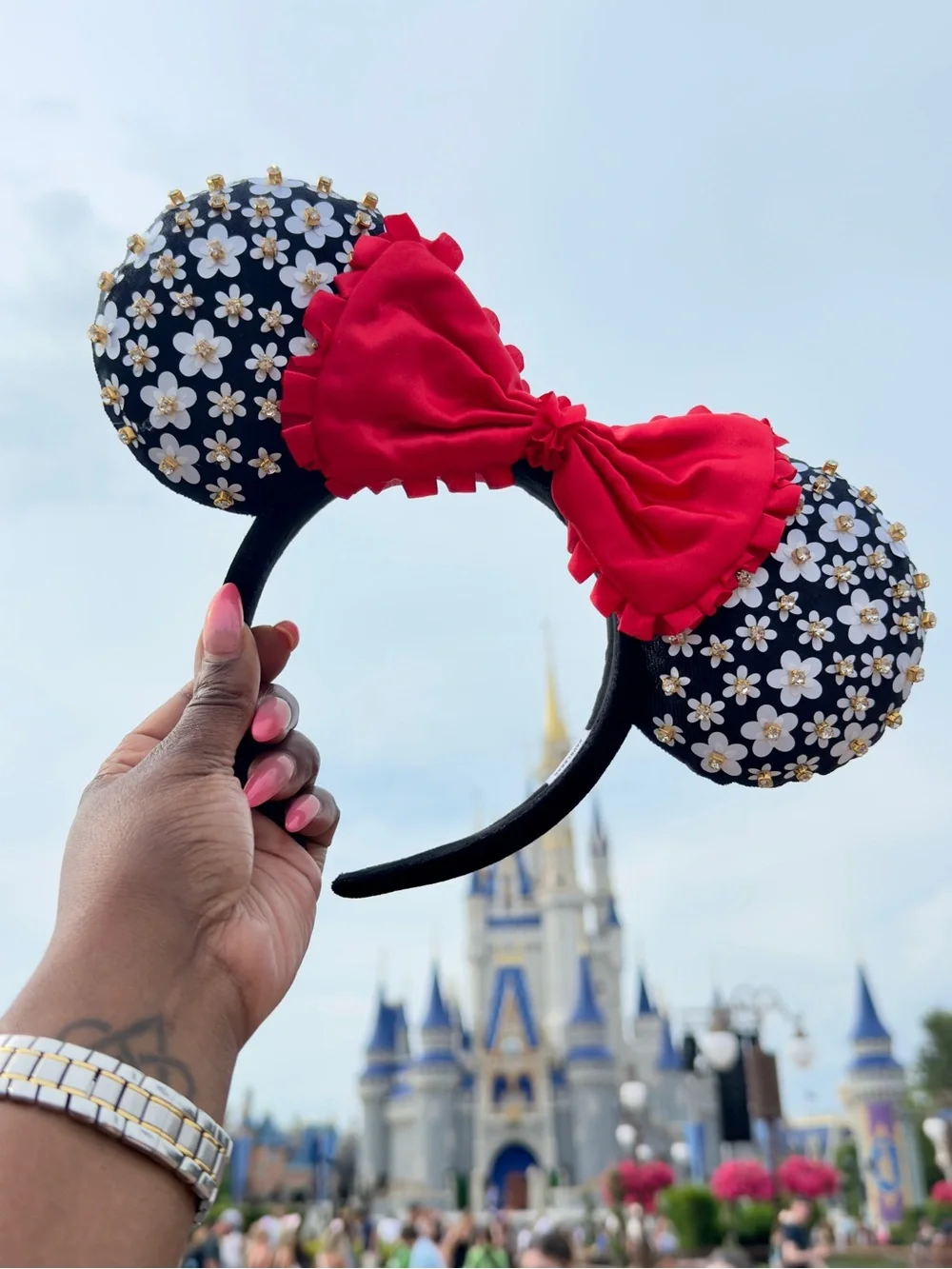 Embellished Floral Minnie Ears with Red Bow